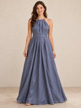 Weddington Way Slate Blue Halter Pleated Maxi Gown Dress Size 4